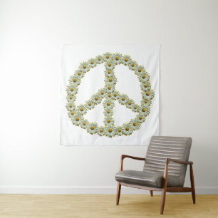 PEACE Symbol Sign - Hippie Flower Daisy Wreath Tapestry
