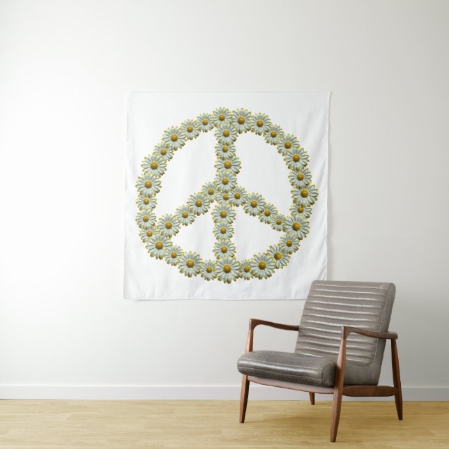 PEACE Symbol Sign - Hippie Flower Daisy Wreath Tapestry (In Situ)