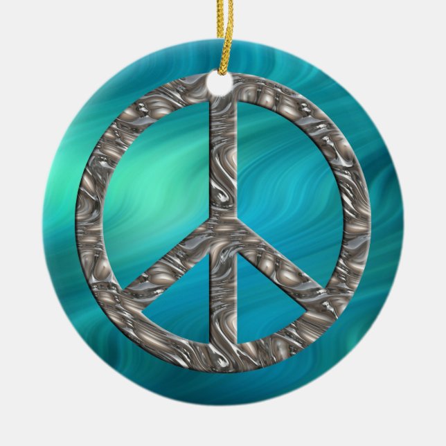 PEACE symbol  - SILVER | bluegreen waves Ceramic Tree Decoration (Front)