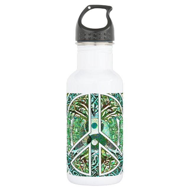 Peace Symbol, Yin Yang, Tree of Life in Green 532 Ml Water Bottle (Front)