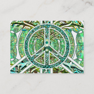 Peace Symbol, Yin Yang, Tree of Life in Green Business Card
