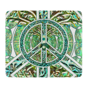 Peace Symbol, Yin Yang, Tree of Life in Green Cutting Board