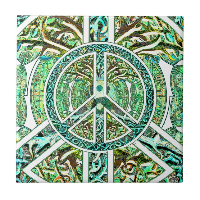 Peace Symbol, Yin Yang, Tree of Life in Green Tile (Front)