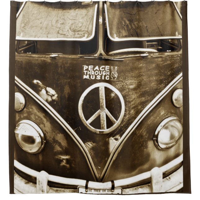 Peace Through Music Hippie Microbus Shower Curtain (Front)