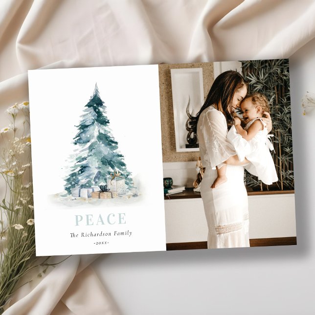 Peace Watercolor Pine Christmas Tree Gift Photo Holiday Card (Creator Uploaded)