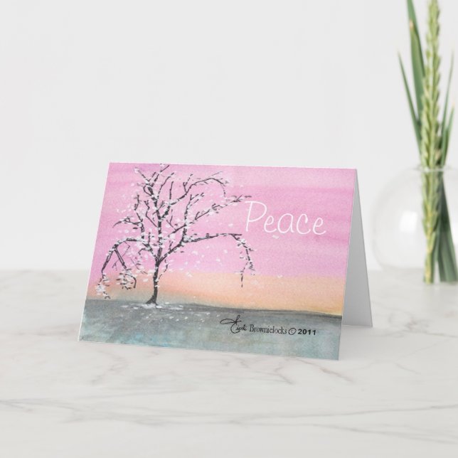 Peace Watercolor Snow on Tree Christmas Card (Front)
