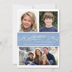 Peace Winter Blue Holiday Triple Photo Flat Card