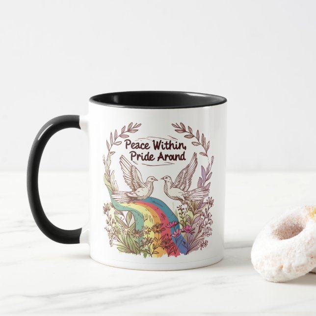Peace Within, Pride Around – LGBTQ Camping Nature  Mug (With Donut)