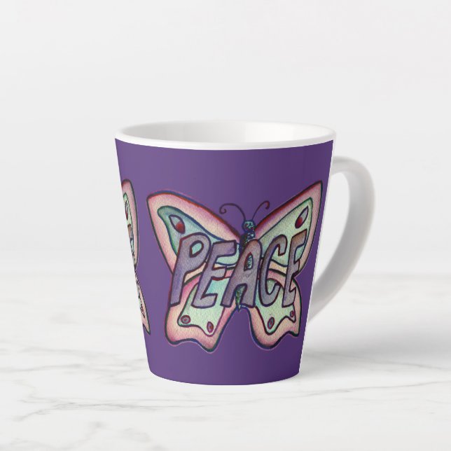 Peace Word Art Purple Butterfly Wing Coffee Cup (Right Angle)
