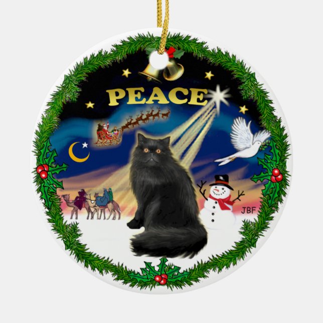Peace Wreath - Black Persian cat Ceramic Tree Decoration (Front)