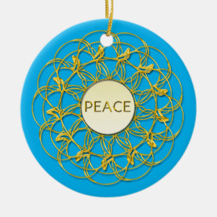 PEACE written on golden lacy on sky blue Ceramic Tree Decoration