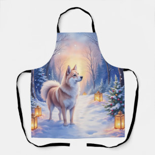 Peaceful Akita on Snow Lantern Path Christmas Dog Apron