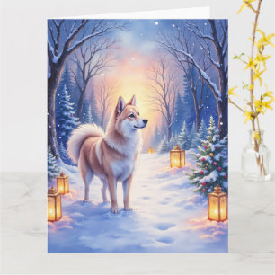 Peaceful Akita on Snow Lantern Path Christmas Dog  Card