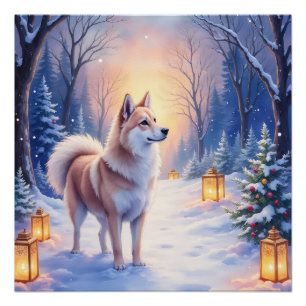 Peaceful Akita on Snow Lantern Path Christmas Dog  Poster