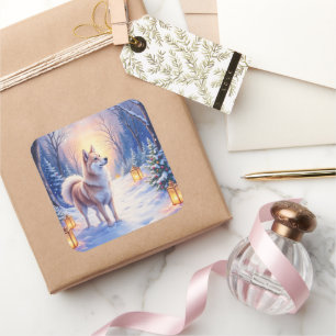 Peaceful Akita on Snow Lantern Path Christmas Dog  Square Sticker