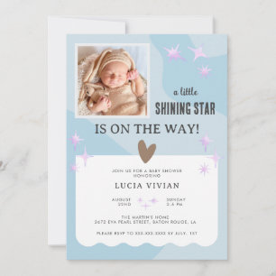 Peaceful Baby Blue Star Photo Baby Shower Invitation