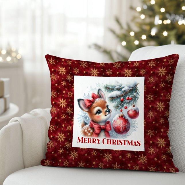 Peaceful baby deer Christmas scene snowy kids room Cushion (Peaceful baby deer Christmas scene snowy kids room decor)