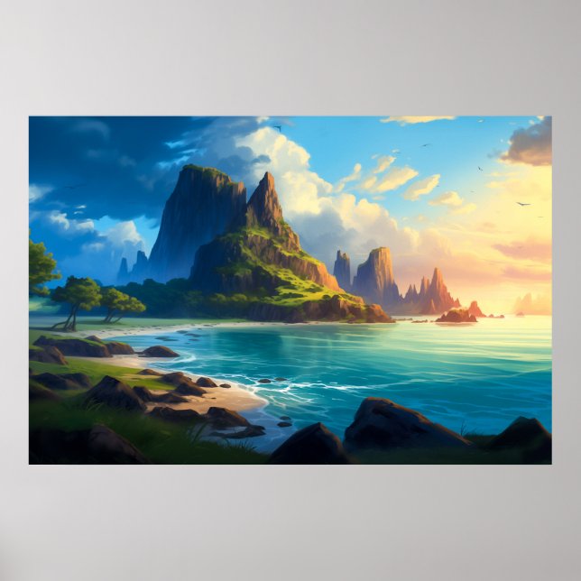 Peaceful Beach in Sunset Illustration Poster (Front)