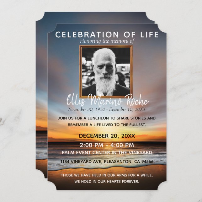 Peaceful Beach Sunset|Celebration of Life Photo Invitation (Front/Back)