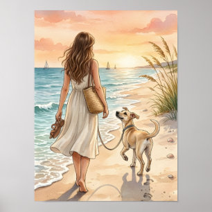 Peaceful Beach Sunset Dog Watercolor Illustration Poster