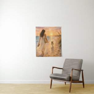 Peaceful Beach Sunset Dog Watercolor Illustration Tapestry