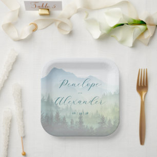 Peaceful Blue Green Watercolor Mountains Paper Plate