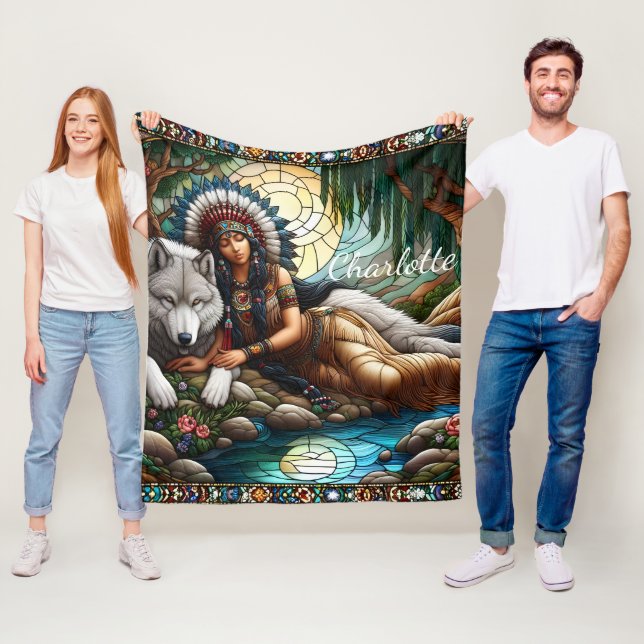 Peaceful bond: Native woman and wolf Fleece Blanket (In Situ)