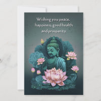 Peaceful Buddha Greeting Card with Pink Flowers