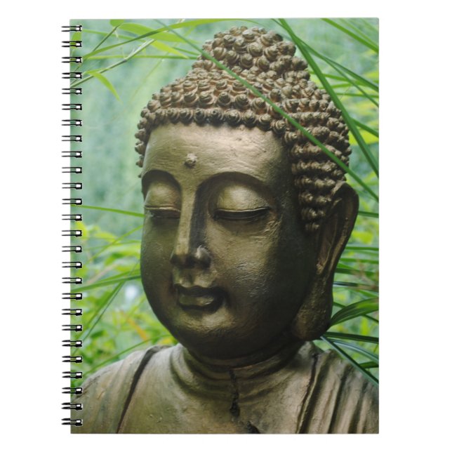 Peaceful Buddha Statue in a Leafy Green Forest Notebook (Front)