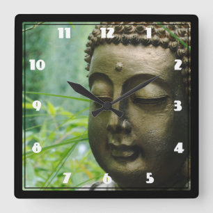 Peaceful Buddha Statue in a Leafy Green Forest Square Wall Clock