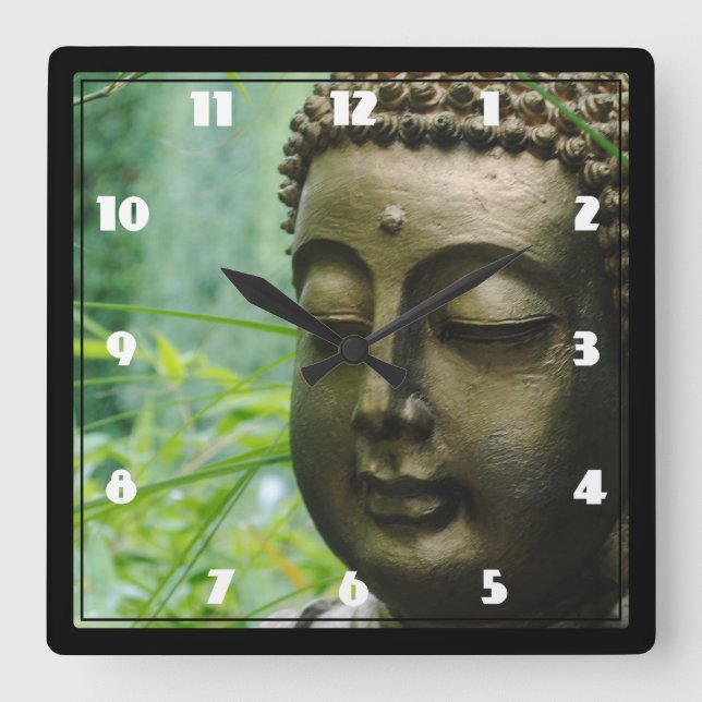 Peaceful Buddha Statue in a Leafy Green Forest Square Wall Clock (Front)