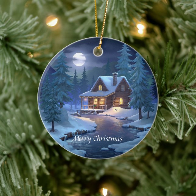Peaceful Cabin in Winter Forest Ceramic Tree Decoration (Tree)