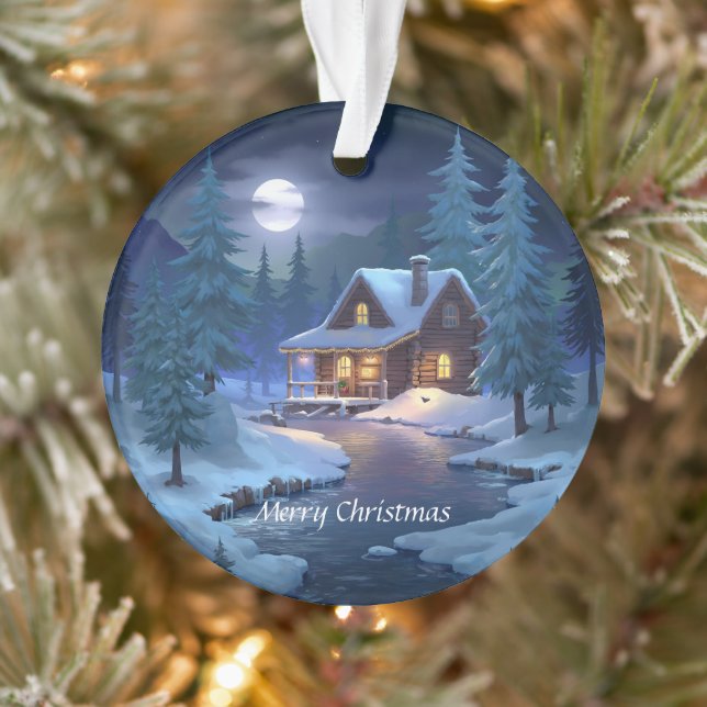 Peaceful Cabin in Winter Forest Ornament (Tree)