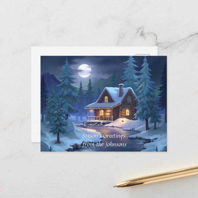 Peaceful Cabin in Winter Forest Postcard (Front/Back In Situ)