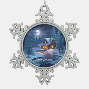 Peaceful Cabin in Winter Forest Snowflake Pewter Christmas Ornament
