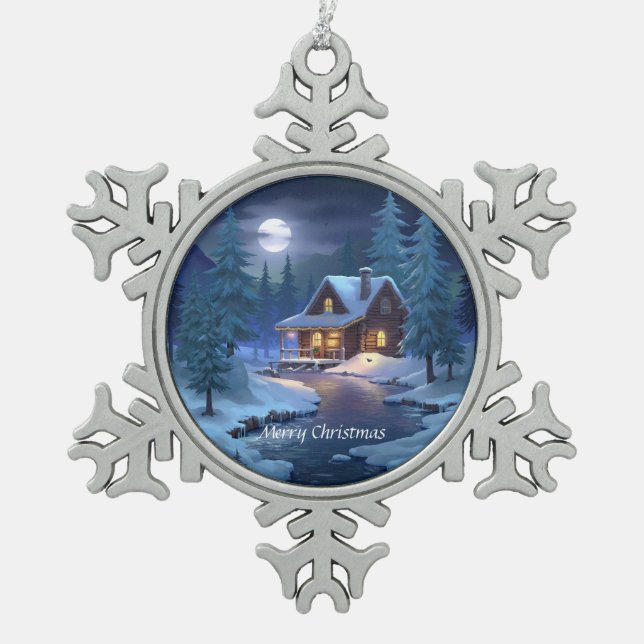 Peaceful Cabin in Winter Forest Snowflake Pewter Christmas Ornament (Front)