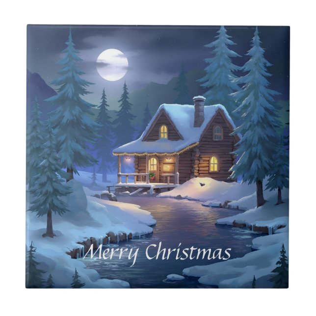 Peaceful Cabin in Winter Forest Tile (Front)