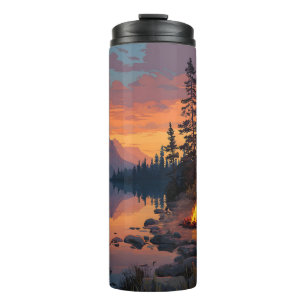 Peaceful Camping Scene by a Mountain Lake Thermal Tumbler