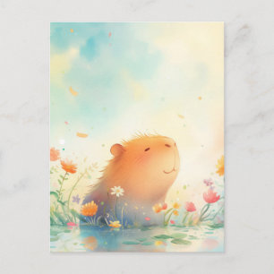 Peaceful Capybara Smiling in Wildflower Pond Postcard