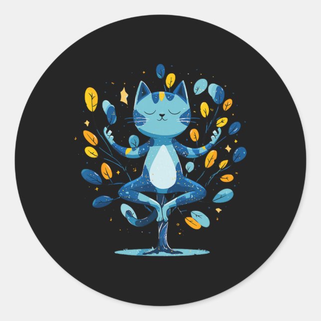 Peaceful Cat Zen Meditation Tree Pose  Classic Round Sticker (Front)
