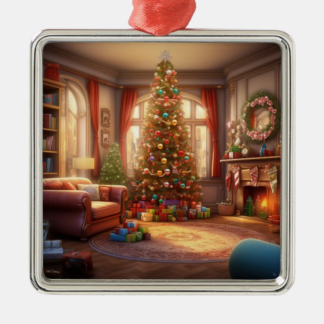 PEACEFUL CHRISTMAS MORNING WITH TREE AND PRESENTS METAL TREE DECORATION (Front)