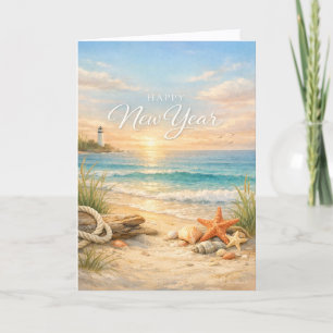 Peaceful Coastal Lighthouse New Year Holiday Card