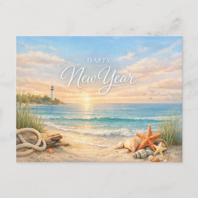 Peaceful Coastal Lighthouse New Year Holiday Postcard (Front)