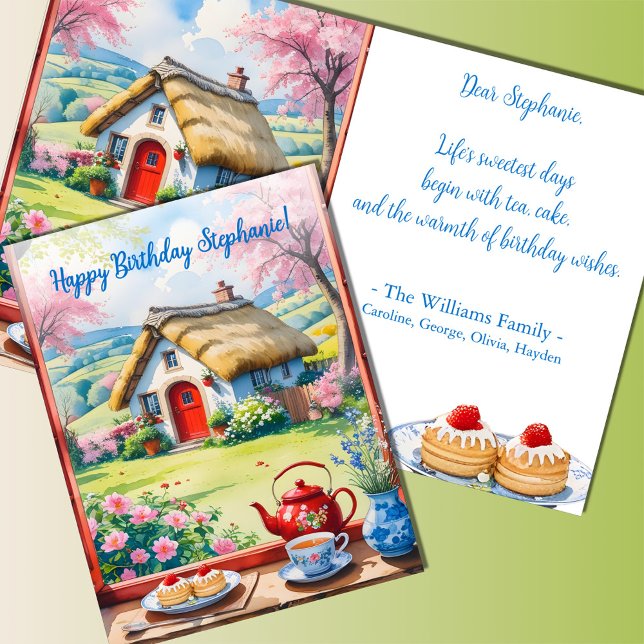 Peaceful Cottage View Flowers Tea Cakes Birthday Card (Creator Uploaded)