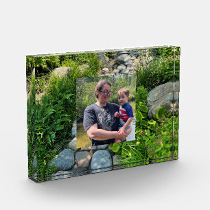 Peaceful dappled sunlight forest pathway template photo block