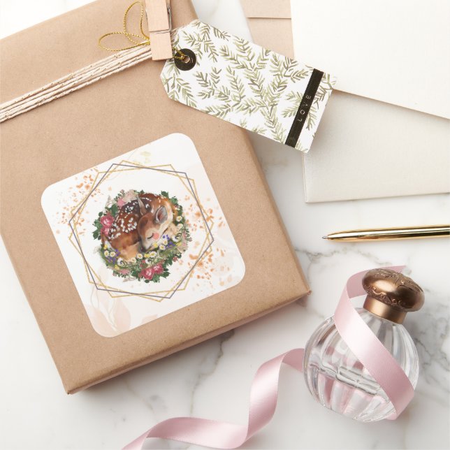 Peaceful Deer Among Blossoms Square Sticker (Gifting)