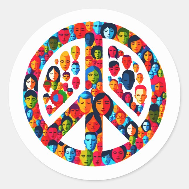 Peaceful Diversity - Global Faces Peace Sign Classic Round Sticker (Front)