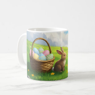 Peaceful Easter Spring Meadow Bunny & Egg Basket Coffee Mug