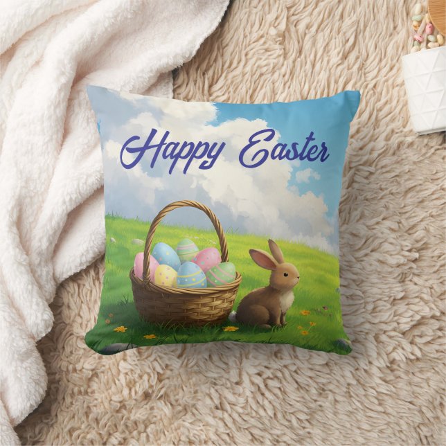 Peaceful Easter Spring Meadow Bunny & Egg Basket Cushion (Blanket)