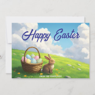 Peaceful Easter Spring Meadow Bunny & Egg Basket Holiday Card